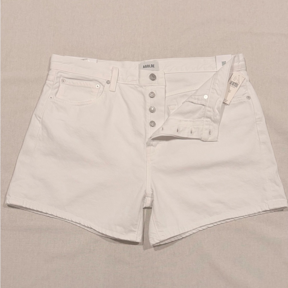 Agolde White High-Rise Button-Fly Denim Shorts Long Parker Shorts in Marshmallow